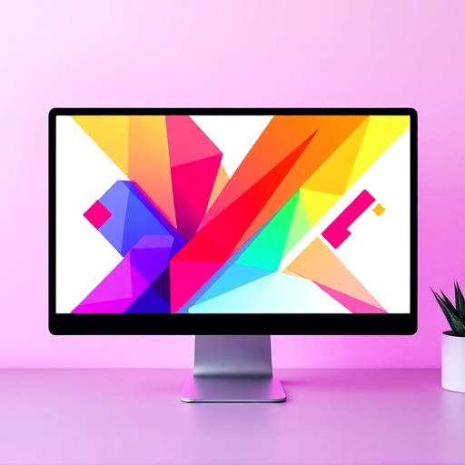 Uma tela de computador mostrando um projeto de design gráfico com cores vibrantes e formas geométricas.